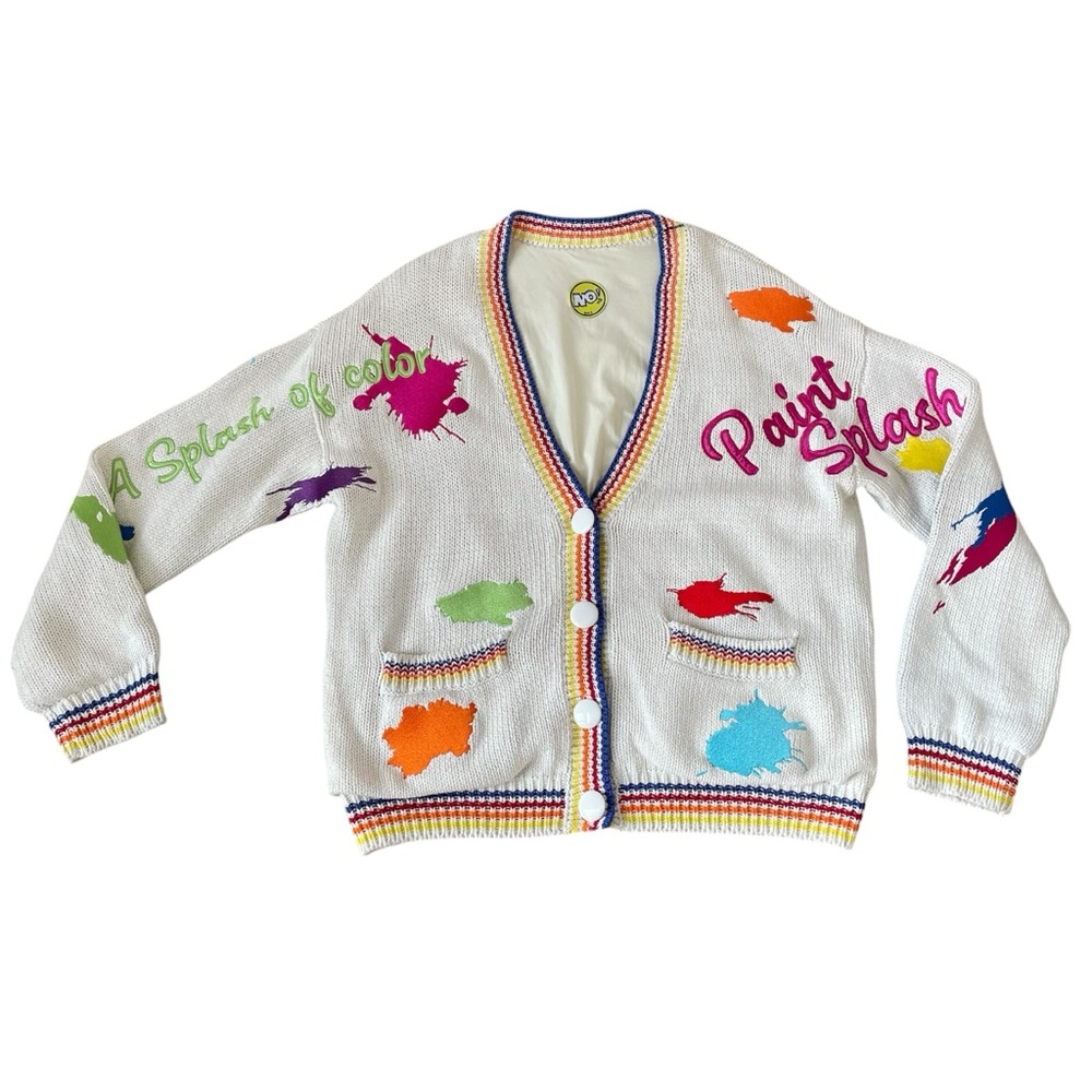 NO! Jeans Paint Splatter Cardigan Size 5 Artsy Colorful 80s Retro Teacher - Picture 2 of 10